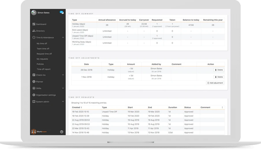 screenshot of Workteam Time & Attendance